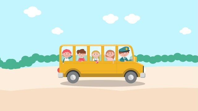 The bus carries children to school. The School bus goes to school.