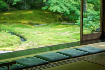 A beautiful garden seen from a Japanese-style room in Rurikoin, Kyoto, Japan