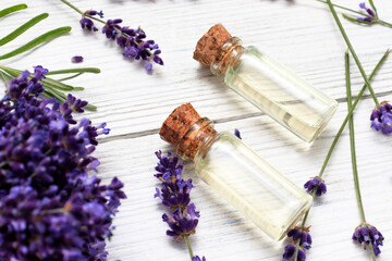 Obraz na płótnie Canvas Lavender essential oil among flowering lavender flowers. effective in case of hair loss, stimulates hair growth, gives shine, relieves dandruff, strengthens nails, is used as a repellent.