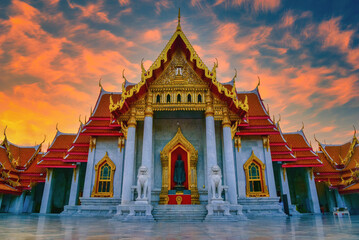 The Marble Temple, Wat Benchamabopitr Dusitvanaram at sunrise in Bangkok, Thailand.