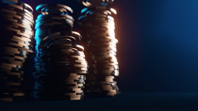 Stacks of golden poker chips are falling in slow motion. Online casino betting or blackjack gambling concept. Copy space text or logo. Luxury background