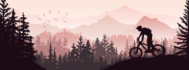 Silhouette of mountain bike rider in wild nature landscape. Mountains, forest in background. Magical misty nature. Pink and violet illustration.