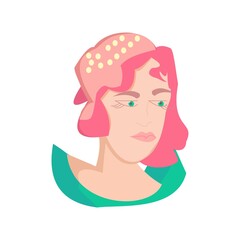 Pink hair women with small hat Portrait of girl Cartoon vector illustration