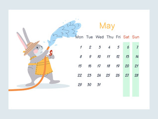 Hare made a fountain out of a hose. The rabbit is watering the garden in an apron and a hat. May 2023 calendar. Week starts on Monday, Saturday and Sunday are greyed out. Flat vector illustration