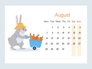 A rabbit is pushing a wheelbarrow with a crop of vegetables. Hare farmer in a hat. August 2023 calendar. Week starts on Monday, Saturday and Sunday are greyed out. Flat vector illustration
