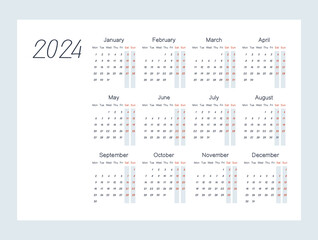 Calendar 12 months for 2024. White background. The week starts on Monday, Saturday and Sunday are greyed out. Stylish flat vector illustration, eps10