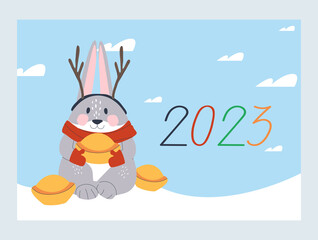 2023 New Year Bunny greeting card. Chinese style golden ornaments. Winter landscape on the background. Stylish flat vector illustration, eps10