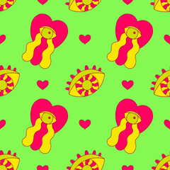 Crazy psychedelic seamless pattern in acid rave style. Vector illustration with eyes and hearts in bright colors.