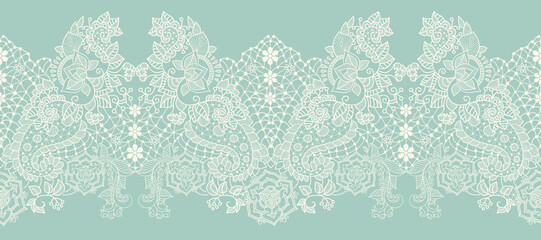 Two colors lace seamless pattern. Light damask wallpaper. Vintage lace border. Lace romantic decor. Tile background. Wedding romantic wallpaper.  Paisley wedding design. Indian decorative pattern - obrazy, fototapety, plakaty