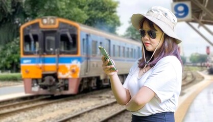 Asian teenage girl at train station using smartphone map social media check in or buy a ticket modern travel app technology