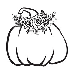 Pumpkin With Flower Monogram, Pumpkin - squash for Halloween or Thanksgiving line art icon	
