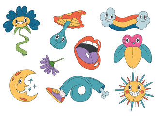 Psychedelic stickers shapes line art concept set collections. Vector flat graphic design illustration