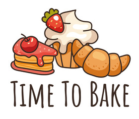 Time to bake logo sticker bakery pastry concept. Vector flat graphic design illustration
