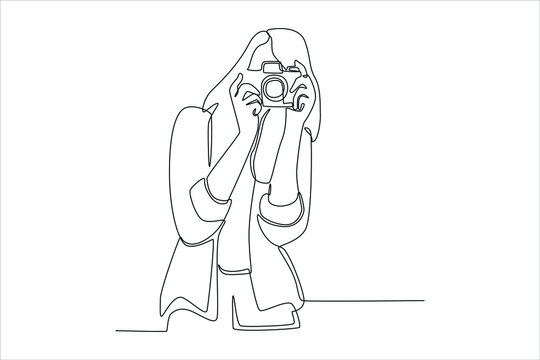 Continuous one line drawing Woman photographer is taking images with camera. World photo day concept. Single line draw design vector graphic illustration.