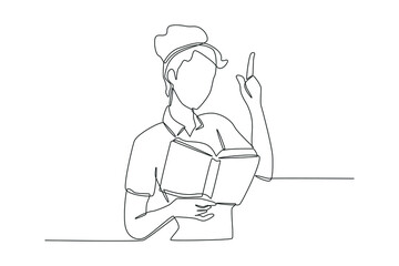 Single one line drawing young woman standing with open book and pointing finger. Books lovers day concept. Single line draw design vector graphic illustration.