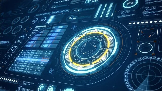 Motion graphic of 3D Head up display ( HUD UI ) technology interface screen with futuristic elements graph and chat panel abstract background - Powered by Adobe