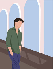 illustration of a young guy.  guy in the museum