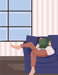 vector illustration of a girl who lies on a purple sofa in a bright room with a book in her hands