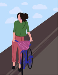 vector illustration of a girl with a bicycle and a basket.  girl girl rides a bike on the road