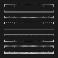 Various measurement scales with divisions. Realistic white scale for measuring length or height in centimeters, millimeters or inches. Ruler, tape measure marks, size indicators. Vector illustration