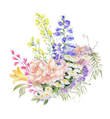 summer flowers bouquet. Watercolor hand drawn wild flowers bouquet with pink roses, lavender, yellow lilly flowers, wild field flowers. Can be used as print, poster, invitation, greeting card.  - obrazy, fototapety, plakaty