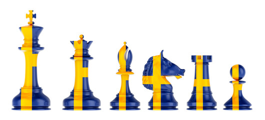 Chess figures with Swedish flag, 3D rendering