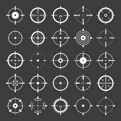 Crosshair, gun sight vector icons. Bullseye, target or aim symbol. Military rifle scope, shooting mark sign. Targeting, aiming for a shot. Archery, hunting and sports shooting. Game UI element.