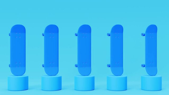 infinite loop video of many blue skateboards rotating , blue color, 3d render 4k video