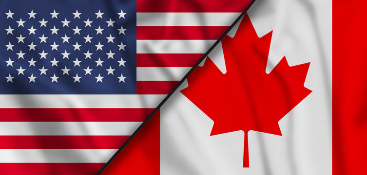 Faded Canada vs USA national flags icon isolated on background, abstract Canada US politics economy relationship friendship divided conflicts concept wallpaper