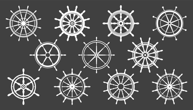 Collection of white vintage steering wheels. Ship, yacht retro wheel symbol. Nautical rudder icon. Marine design element. Vector illustration