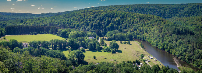 Panorama landscape in Herbeumont, a village in province of Luxembourg, Belgium - obrazy, fototapety, plakaty