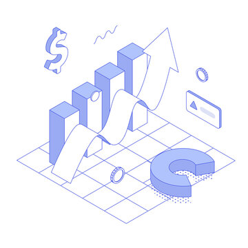 recommend clip art: Money, chart, graph, diagram, presentation, spreadsheet, economy, finance, technology.Isometric vector illustration flat design isolated. Outline, linear style, line art, editable stroke.