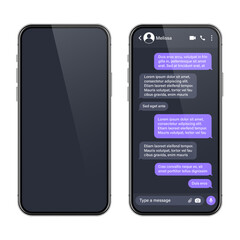 Realistic smartphone with messaging app. SMS text frame. Conversation chat screen with violet message bubbles and placeholder text. Social media application. Vector illustration.