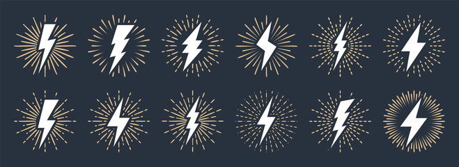 Set of vintage lightning bolts and sun rays isolated on white background. Lightnings with sunburst effect. Thunderbolt, electric shock sign. Vector illustration.