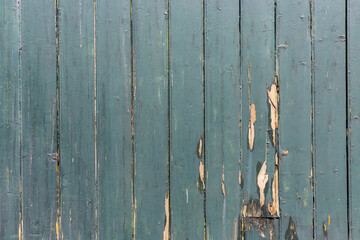 Alte grün petrol farbene Holzwand mit abgeplatztem Lack bei der das Holz sichtbar wird - Textur - Hintergrund