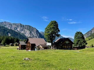Panoramic view of wooden huts in Nenzinger Himmel. Vorarlberg, Austria.
