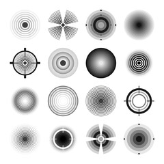 Various weapon sights, black crosshair icons. Aim, shooting mark symbol. Military target sign, silhouette. Radial sonar sound waves, radio signal. Vector illustration