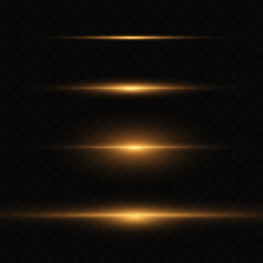 Set of golden neon lines, rays of light on a transparent background. Vector illustration