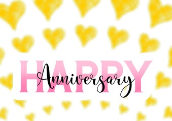 Happy Anniversary writing with heart background, colorful, cheerfull, invitation card, celebration banner