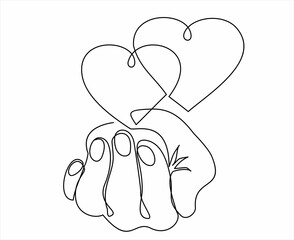 Single continuous line of hand holding hearts on a white background. Black thin line of the hands with  hearts.