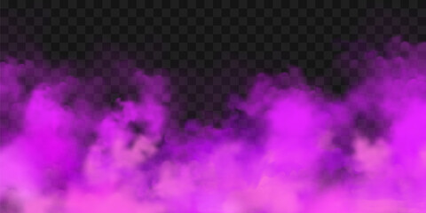 Realistic purple colorful smoke clouds, mist effect. Fog isolated on transparent background. Vapor in air, steam flow. Vector illustration.