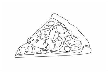 Single continuous line of piece of pizza. Piece of pizza fast food in one line style isolated on white background.