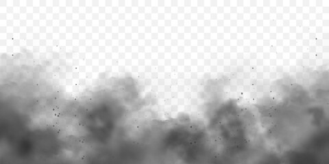 Black realistic smoke, dust clouds. Dirty polluted smog or fog with dirt particles. Air pollution, mist effect. Smoke from fire or explosion. Vector illustration