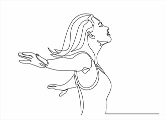 Continuous line art or One Line Drawing of a woman stretching arms is relaxing picture vector illustration
