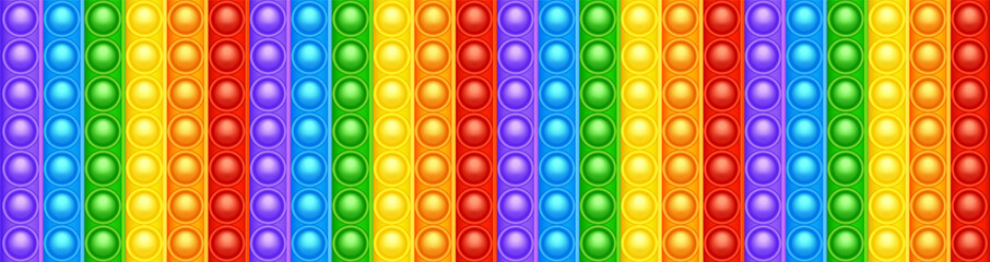 Colorful silicone anti-stress pop it toy texture, pattern. Trendy sensory game for children. Rainbow push pop fidget toy with brightly colored popping bubbles. Vector illustration