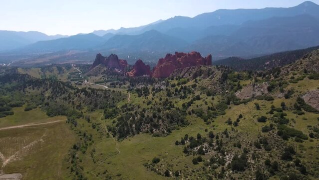 tourism, aerial, aerial landscape, aerial view, america, beautiful, blue, colorado, colorado springs, colorful, denver, drone, drone view, flying over, formation, garden of the gods, garden of the god