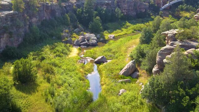 Aerial drone of rock formations at Castlewood Canyon State Park in Douglas County, Colorado