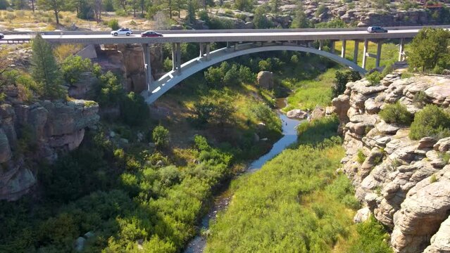 Aerial drone of rock formations at Castlewood Canyon State Park in Douglas County, Colorado