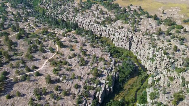 Aerial drone of rock formations at Castlewood Canyon State Park in Douglas County, Colorado