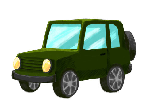 Advanture green car off road style cartoon drawing illustration art